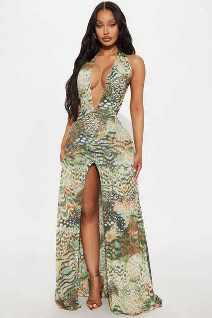 Coachella Valley Mesh Halter Maxi Dress - Olive/combo