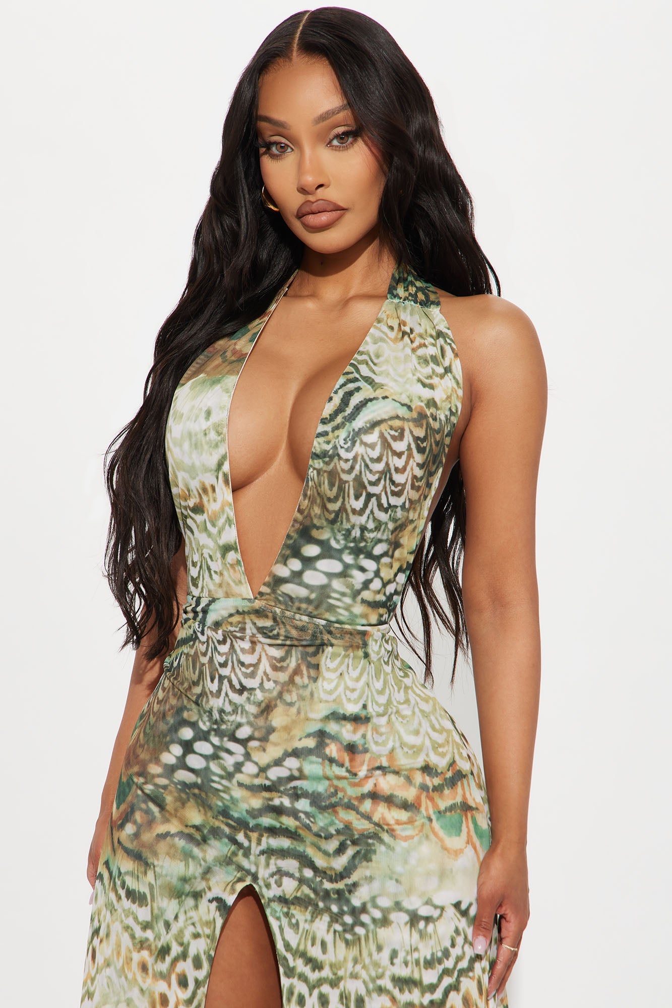 Coachella Valley Mesh Halter Maxi Dress - Olive/combo