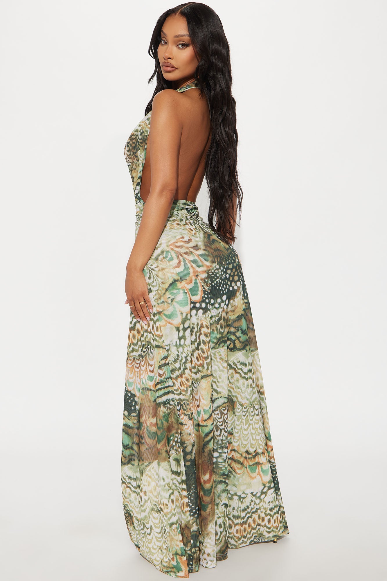 Coachella Valley Mesh Halter Maxi Dress - Olive/combo